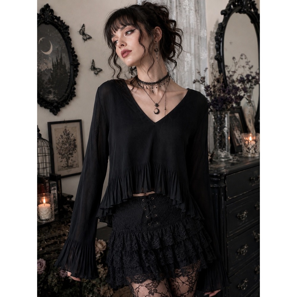 Madewell Pleated V-Neck Bell Sleeve Top Black Womens Medium Camisole‎ Lined goth